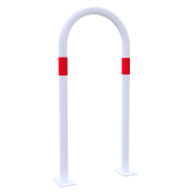 Barrier bracket | as e-charging station protection | to be fixed by plugs, | total width: 460mm, total height: 1000mm | hot-dip galvanized and white powder-coated with 3 red reflective strips foil type RA1/A